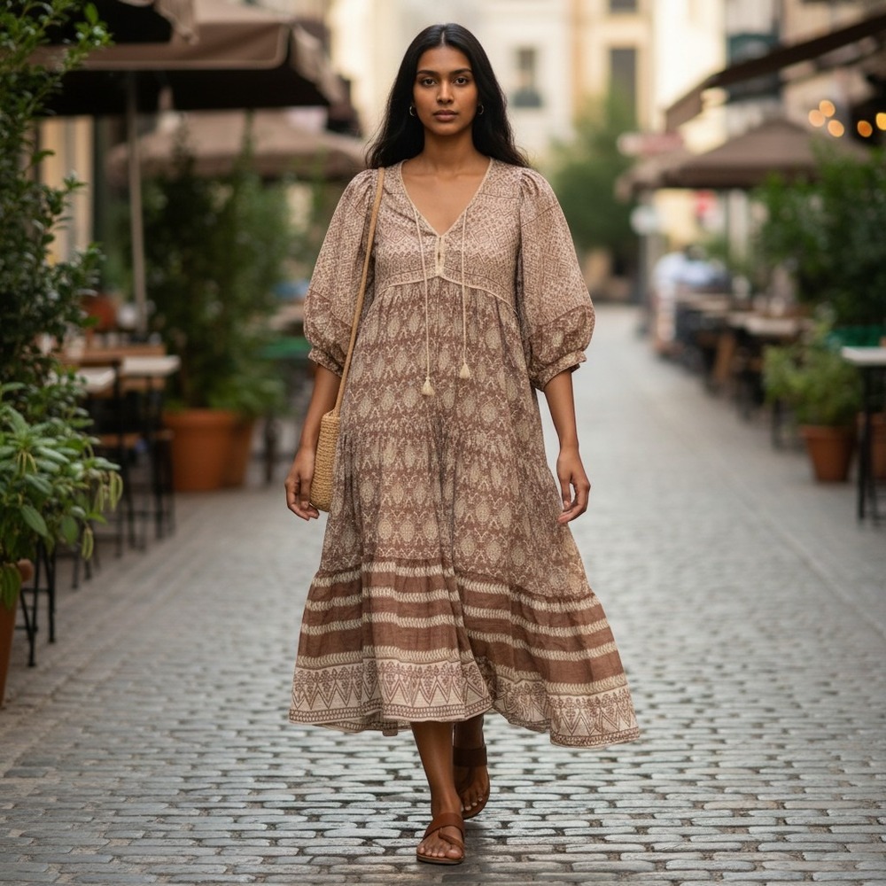 DAUGHTERS OF INDIA midi dress women L brown block print tiered cotton bohemian